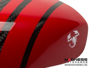 FIAT 500 Mirror Covers - Carbon Fiber - Red Racing Stripe w/ White Scorpion V2